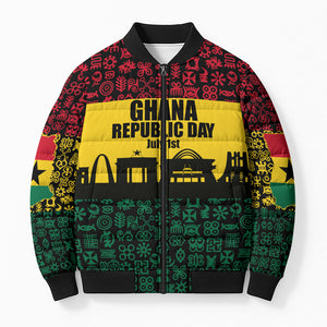 Personalized Ghana Republic Day Bomber Puffer Jacket Adinkra Pattern Heritage Silhouette African Culture Art