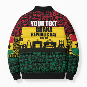 Personalized Ghana Republic Day Bomber Puffer Jacket Adinkra Pattern Heritage Silhouette African Culture Art