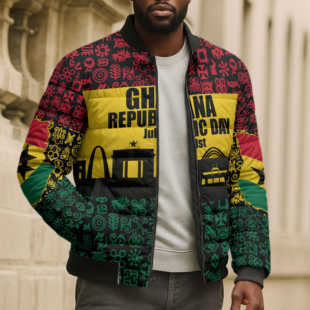 Personalized Ghana Republic Day Bomber Puffer Jacket Adinkra Pattern Heritage Silhouette African Culture Art