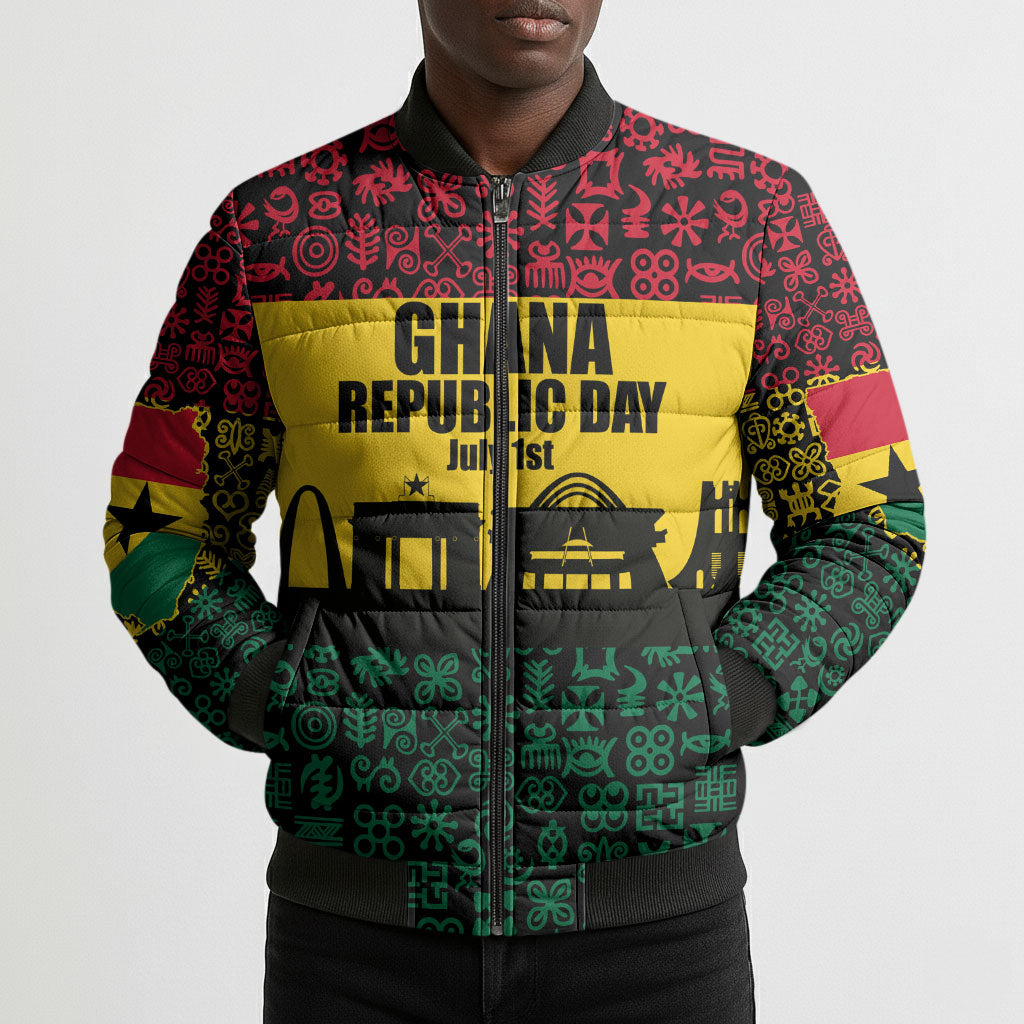 Personalized Ghana Republic Day Bomber Puffer Jacket Adinkra Pattern Heritage Silhouette African Culture Art