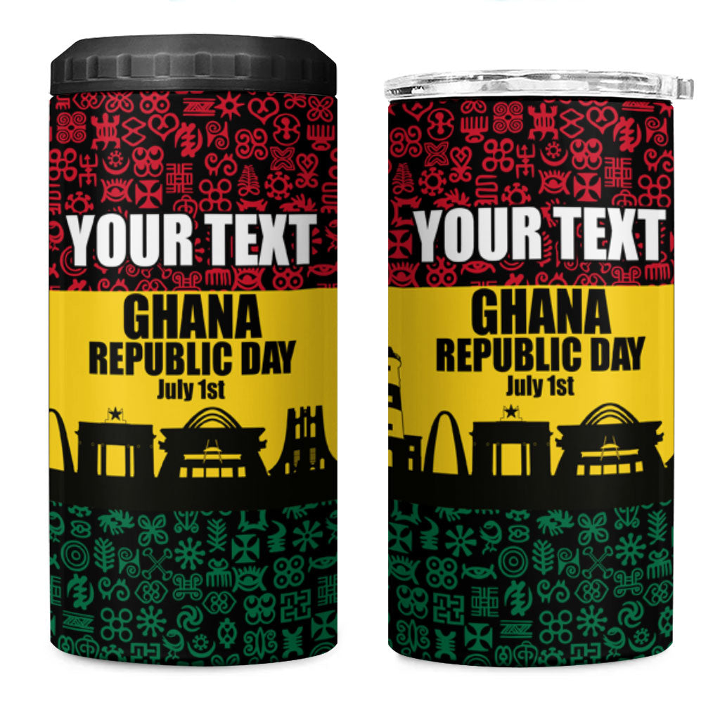 Personalized Ghana Republic Day 4 in 1 Can Cooler Tumbler Adinkra Pattern Heritage Silhouette African Culture Art
