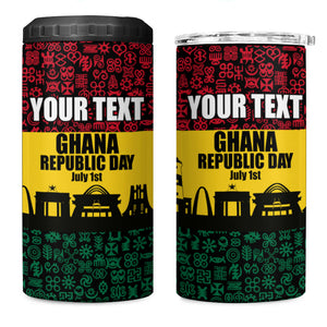 Personalized Ghana Republic Day 4 in 1 Can Cooler Tumbler Adinkra Pattern Heritage Silhouette African Culture Art