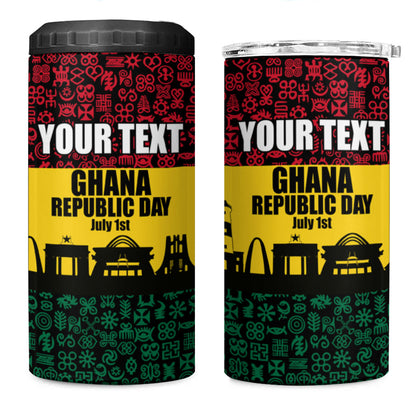 Personalized Ghana Republic Day 4 in 1 Can Cooler Tumbler Adinkra Pattern Heritage Silhouette African Culture Art