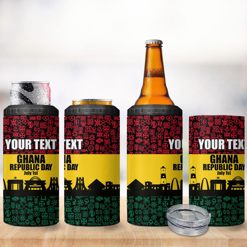 Personalized Ghana Republic Day 4 in 1 Can Cooler Tumbler Adinkra Pattern Heritage Silhouette African Culture Art