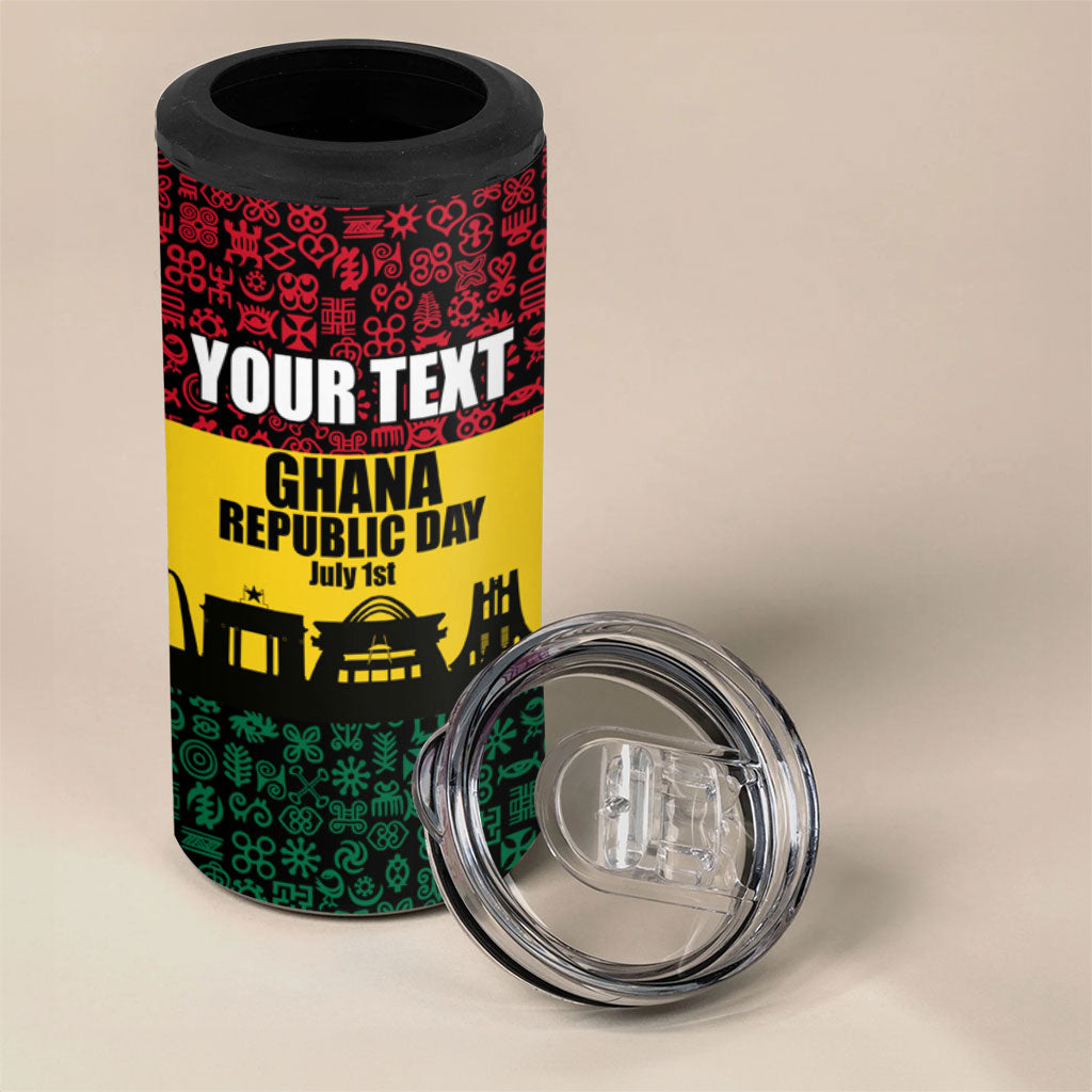 Personalized Ghana Republic Day 4 in 1 Can Cooler Tumbler Adinkra Pattern Heritage Silhouette African Culture Art