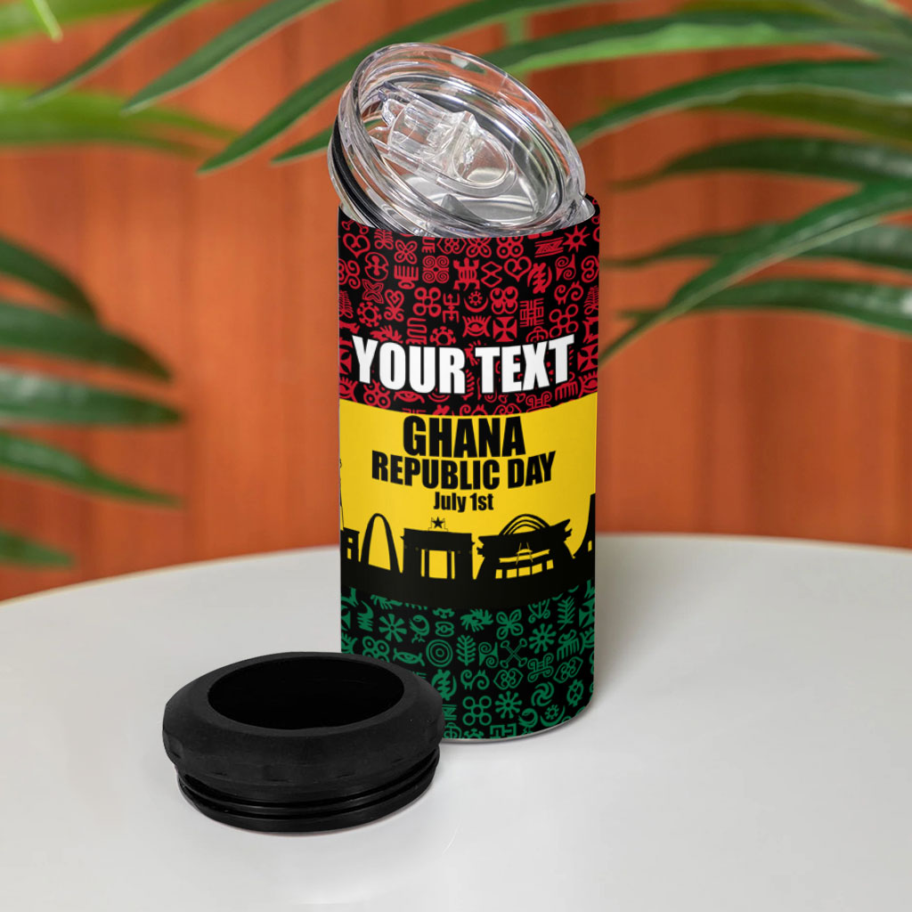 Personalized Ghana Republic Day 4 in 1 Can Cooler Tumbler Adinkra Pattern Heritage Silhouette African Culture Art