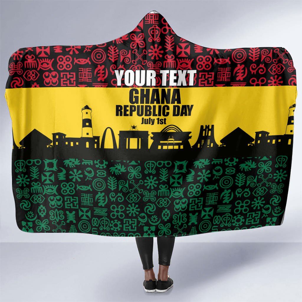 Personalized Ghana Republic Day Hooded Blanket Adinkra Pattern Heritage Silhouette African Culture Art