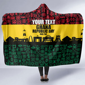 Personalized Ghana Republic Day Hooded Blanket Adinkra Pattern Heritage Silhouette African Culture Art