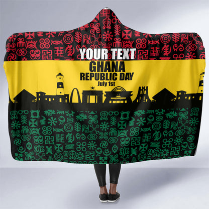 Personalized Ghana Republic Day Hooded Blanket Adinkra Pattern Heritage Silhouette African Culture Art