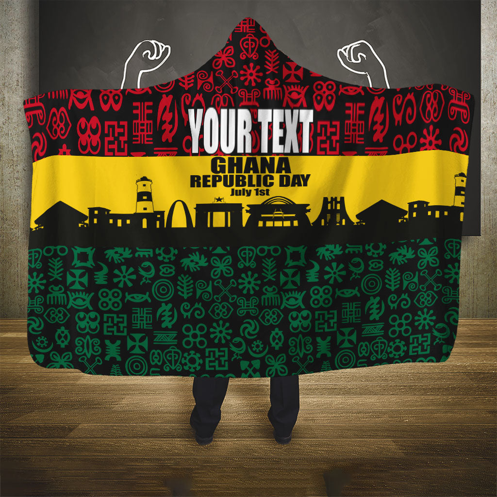 Personalized Ghana Republic Day Hooded Blanket Adinkra Pattern Heritage Silhouette African Culture Art