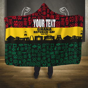 Personalized Ghana Republic Day Hooded Blanket Adinkra Pattern Heritage Silhouette African Culture Art