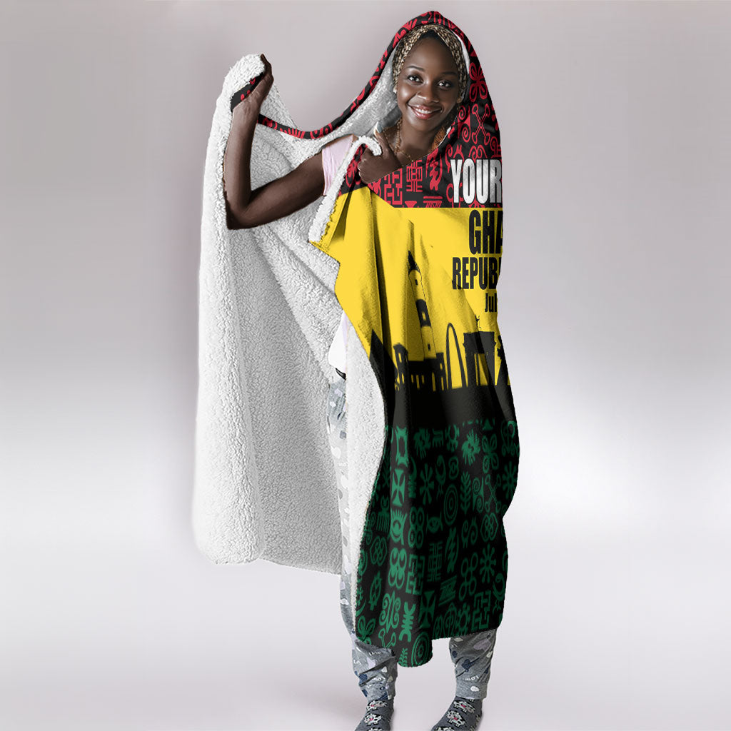 Personalized Ghana Republic Day Hooded Blanket Adinkra Pattern Heritage Silhouette African Culture Art