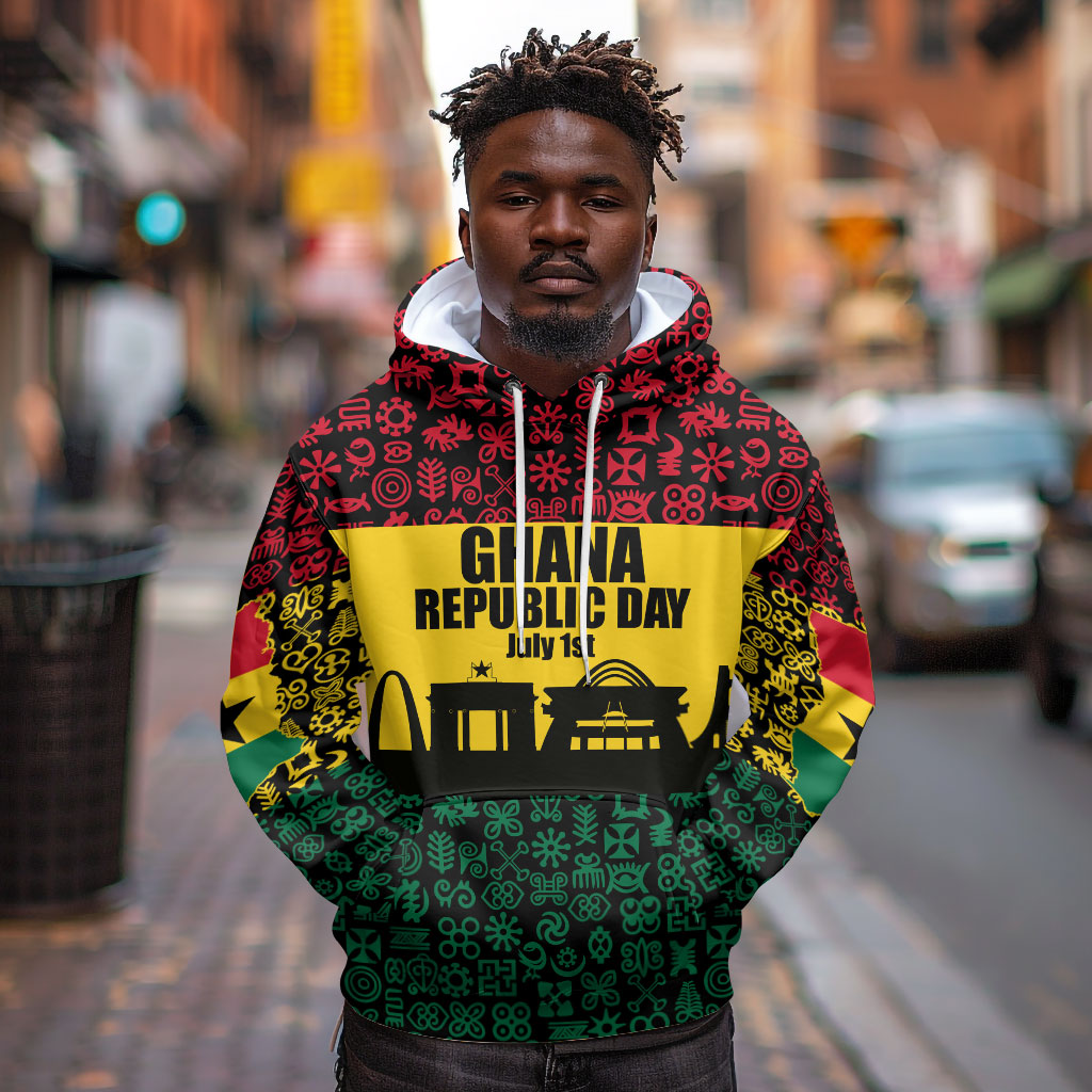 Personalized Ghana Republic Day Hoodie Adinkra Pattern Heritage Silhouette African Culture Art