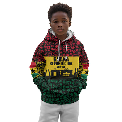 Personalized Ghana Republic Day Kid Hoodie Adinkra Pattern Heritage Silhouette African Culture Art