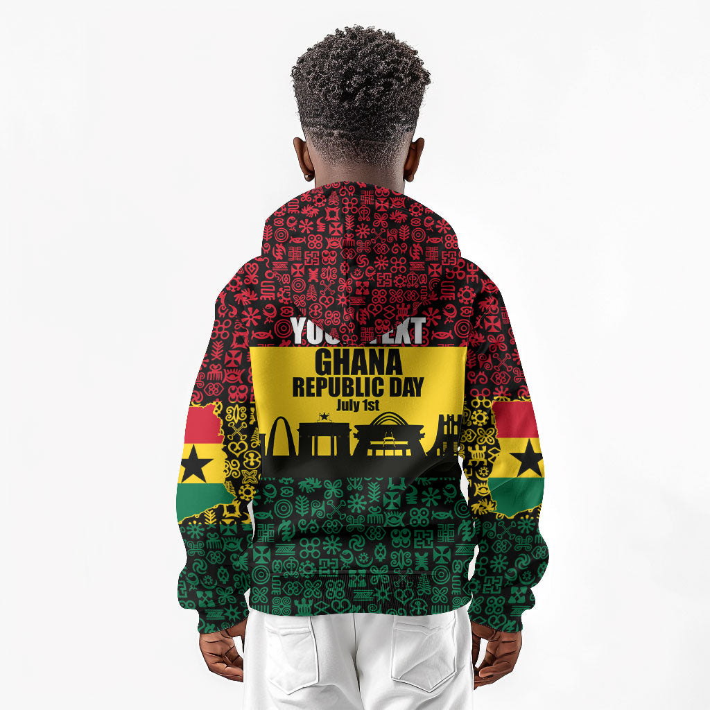 Personalized Ghana Republic Day Kid Hoodie Adinkra Pattern Heritage Silhouette African Culture Art
