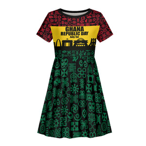 Personalized Ghana Republic Day Kid Short Sleeve Dress Adinkra Pattern Heritage Silhouette African Culture Art