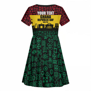 Personalized Ghana Republic Day Kid Short Sleeve Dress Adinkra Pattern Heritage Silhouette African Culture Art