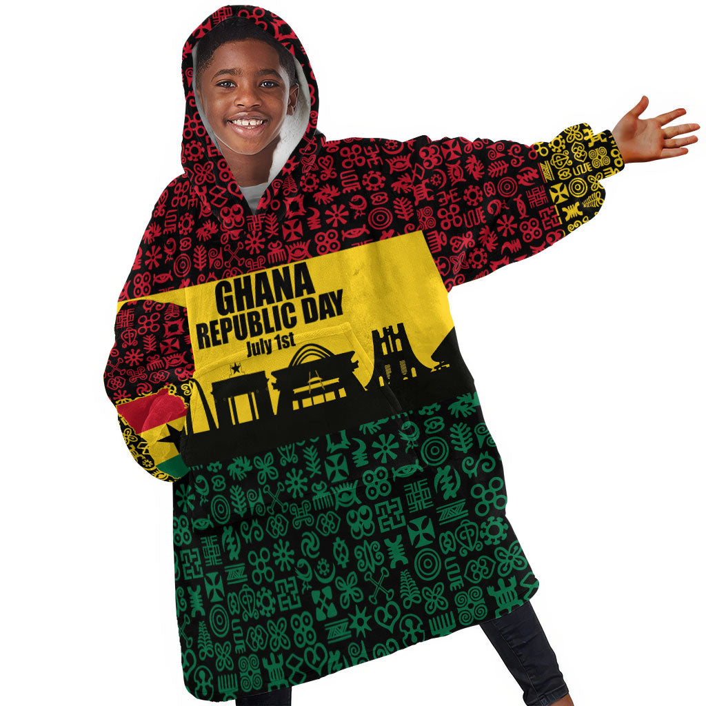 Personalized Ghana Republic Day Kid Wearable Blanket Hoodie Adinkra Pattern Heritage Silhouette African Culture Art