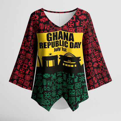 Personalized Ghana Republic Day Kimono Sleeve Blouse Adinkra Pattern Heritage Silhouette African Culture Art