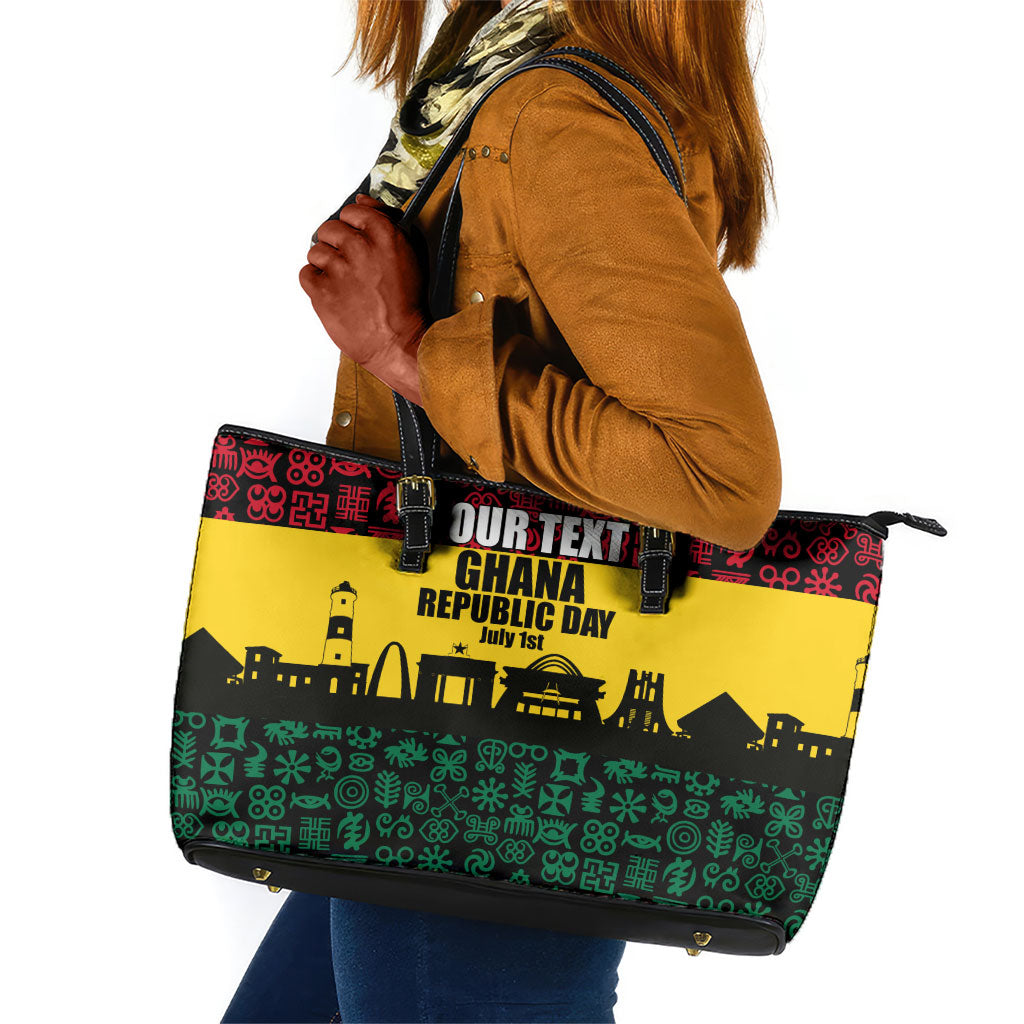 Personalized Ghana Republic Day Leather Tote Bag Adinkra Pattern Heritage Silhouette African Culture Art