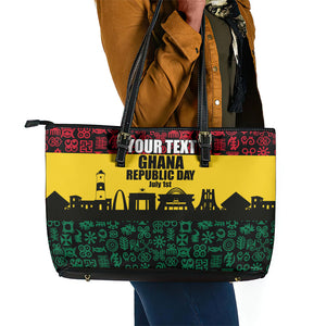 Personalized Ghana Republic Day Leather Tote Bag Adinkra Pattern Heritage Silhouette African Culture Art