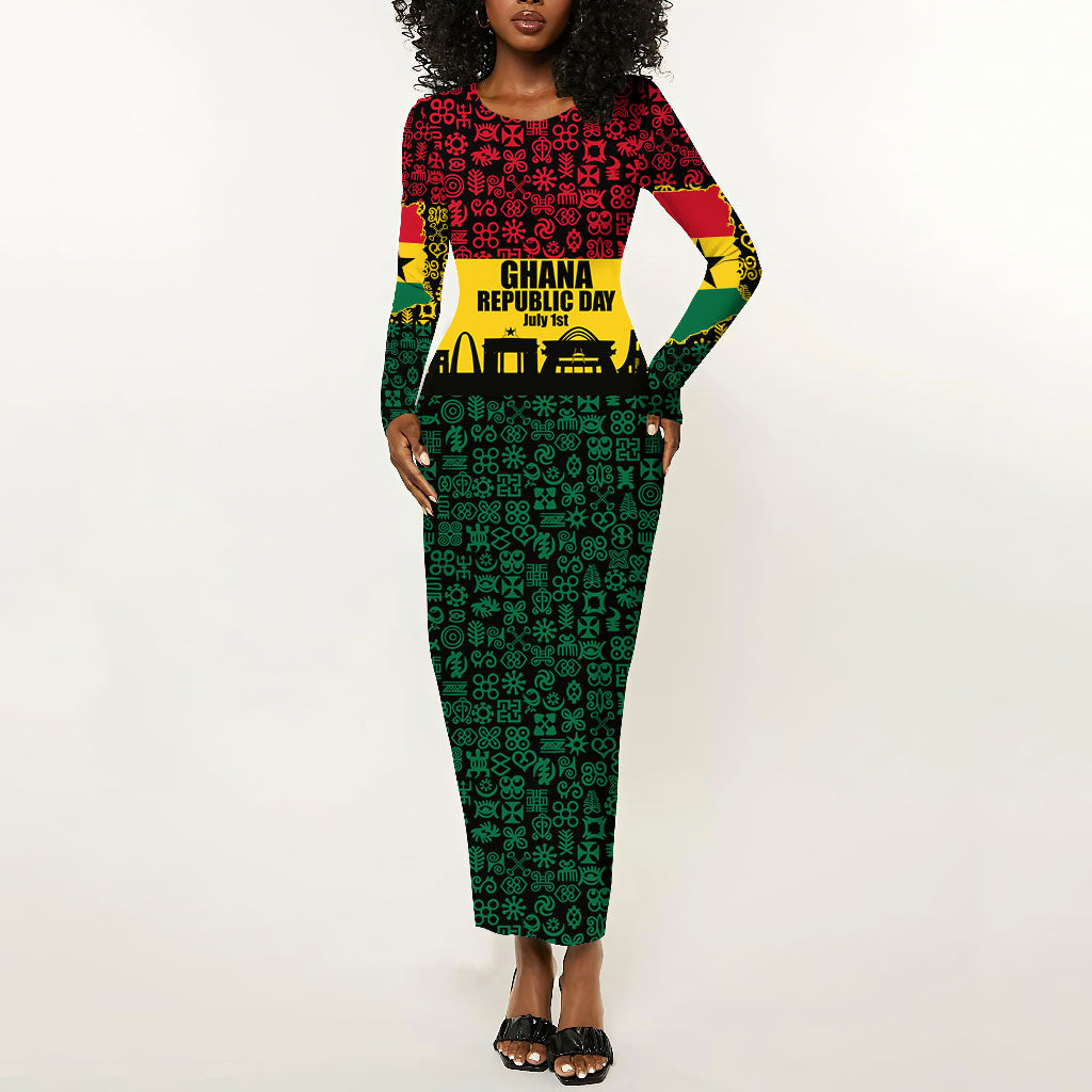 Personalized Ghana Republic Day Long Sleeve Bodycon Dress Adinkra Pattern Heritage Silhouette African Culture Art