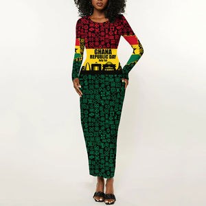 Personalized Ghana Republic Day Long Sleeve Bodycon Dress Adinkra Pattern Heritage Silhouette African Culture Art