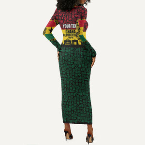 Personalized Ghana Republic Day Long Sleeve Bodycon Dress Adinkra Pattern Heritage Silhouette African Culture Art