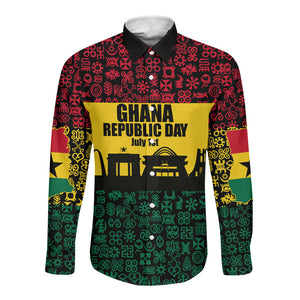 Personalized Ghana Republic Day Long Sleeve Button Shirt Adinkra Pattern Heritage Silhouette African Culture Art