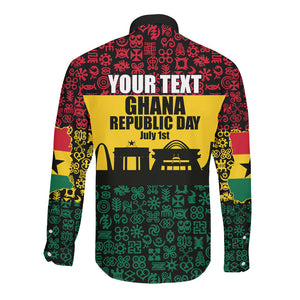 Personalized Ghana Republic Day Long Sleeve Button Shirt Adinkra Pattern Heritage Silhouette African Culture Art