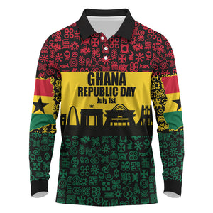 Personalized Ghana Republic Day Long Sleeve Polo Shirt Adinkra Pattern Heritage Silhouette African Culture Art