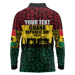 Personalized Ghana Republic Day Long Sleeve Polo Shirt Adinkra Pattern Heritage Silhouette African Culture Art