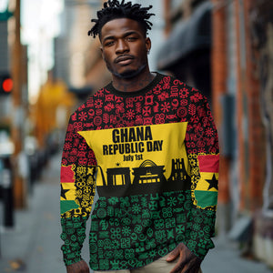 Personalized Ghana Republic Day Long Sleeve Shirt Adinkra Pattern Heritage Silhouette African Culture Art