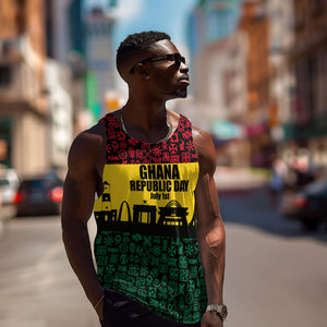 Personalized Ghana Republic Day Men Tank Top Adinkra Pattern Heritage Silhouette African Culture Art