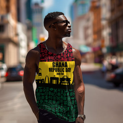 Personalized Ghana Republic Day Men Tank Top Adinkra Pattern Heritage Silhouette African Culture Art