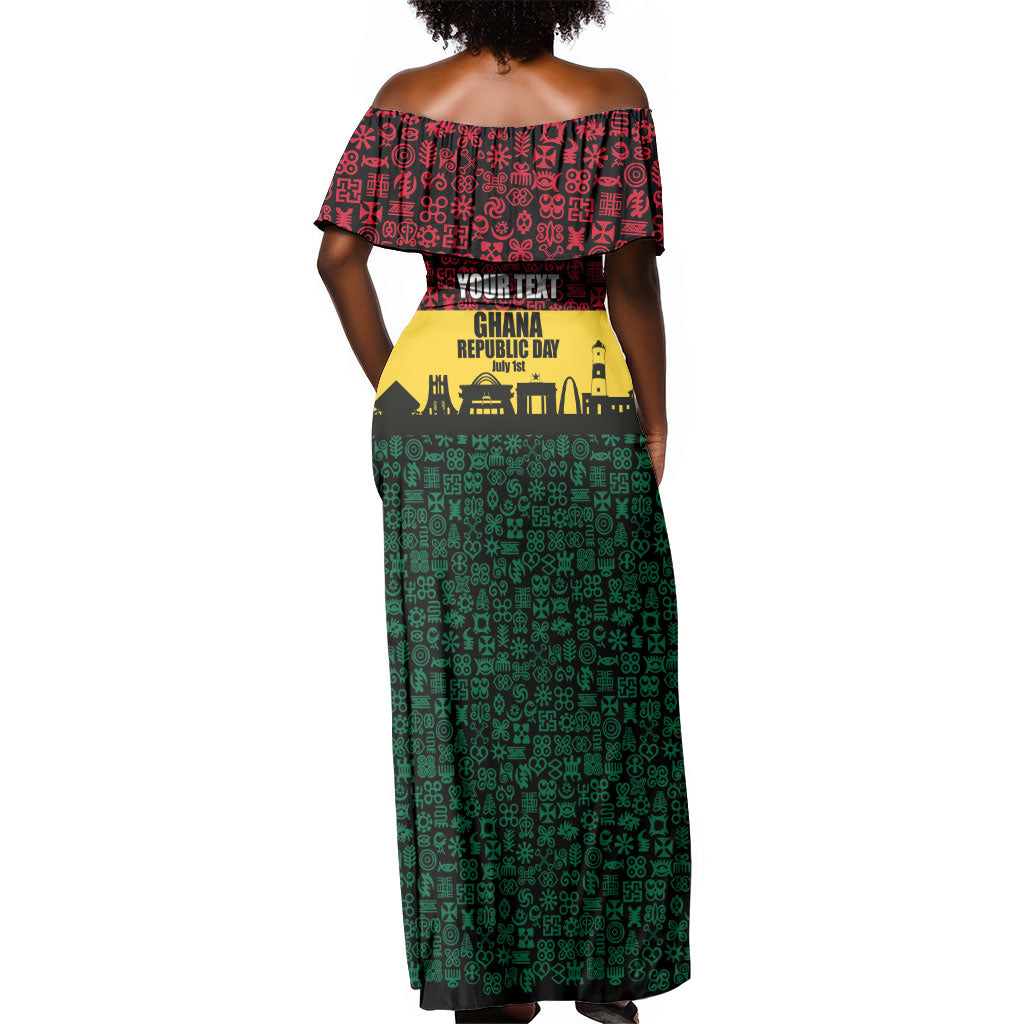Personalized Ghana Republic Day Off Shoulder Maxi Dress Adinkra Pattern Heritage Silhouette African Culture Art