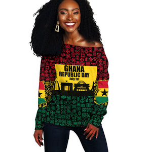 Personalized Ghana Republic Day Off Shoulder Sweater Adinkra Pattern Heritage Silhouette African Culture Art
