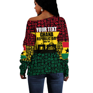 Personalized Ghana Republic Day Off Shoulder Sweater Adinkra Pattern Heritage Silhouette African Culture Art