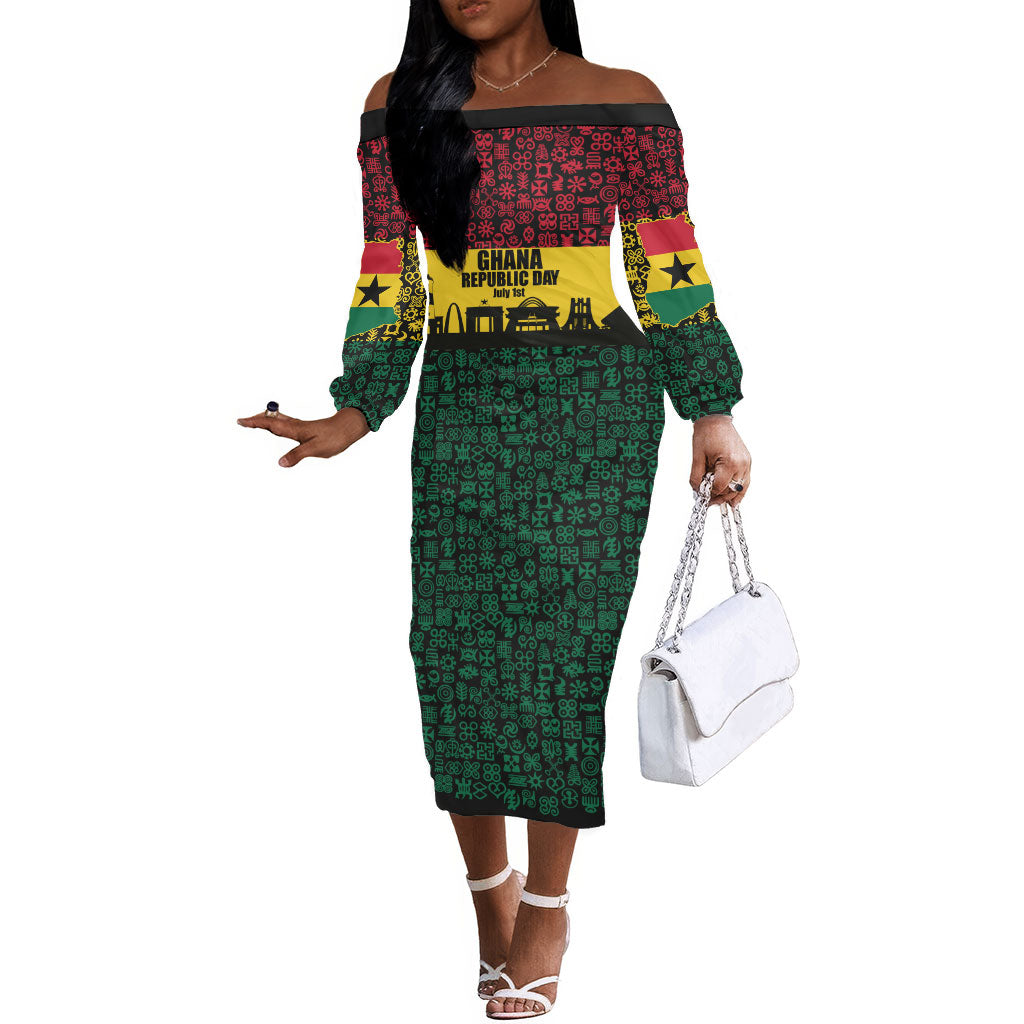 Personalized Ghana Republic Day Off The Shoulder Long Sleeve Dress Adinkra Pattern Heritage Silhouette African Culture Art