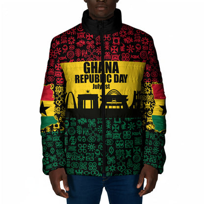 Personalized Ghana Republic Day Padded Jacket Adinkra Pattern Heritage Silhouette African Culture Art