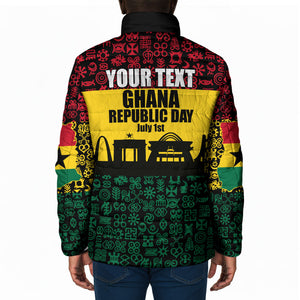 Personalized Ghana Republic Day Padded Jacket Adinkra Pattern Heritage Silhouette African Culture Art