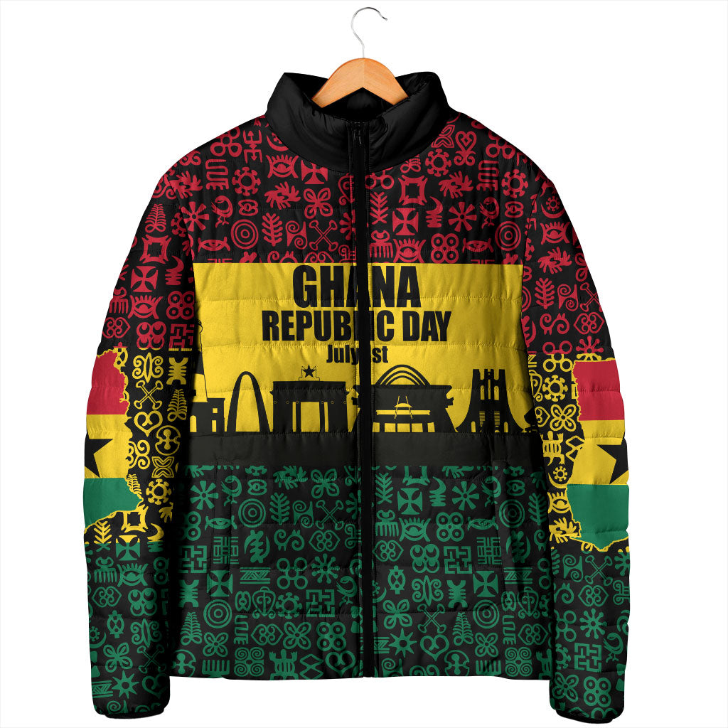Personalized Ghana Republic Day Padded Jacket Adinkra Pattern Heritage Silhouette African Culture Art