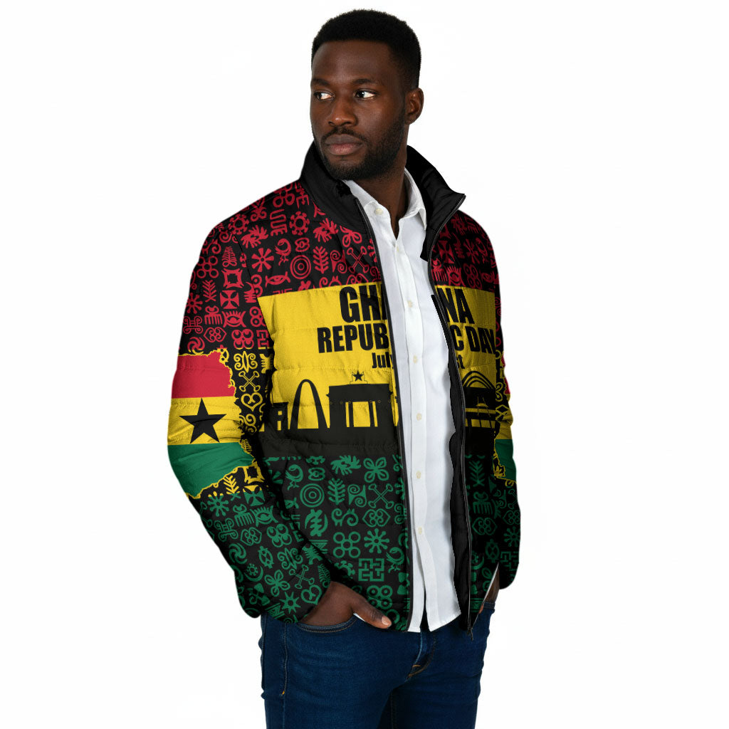 Personalized Ghana Republic Day Padded Jacket Adinkra Pattern Heritage Silhouette African Culture Art