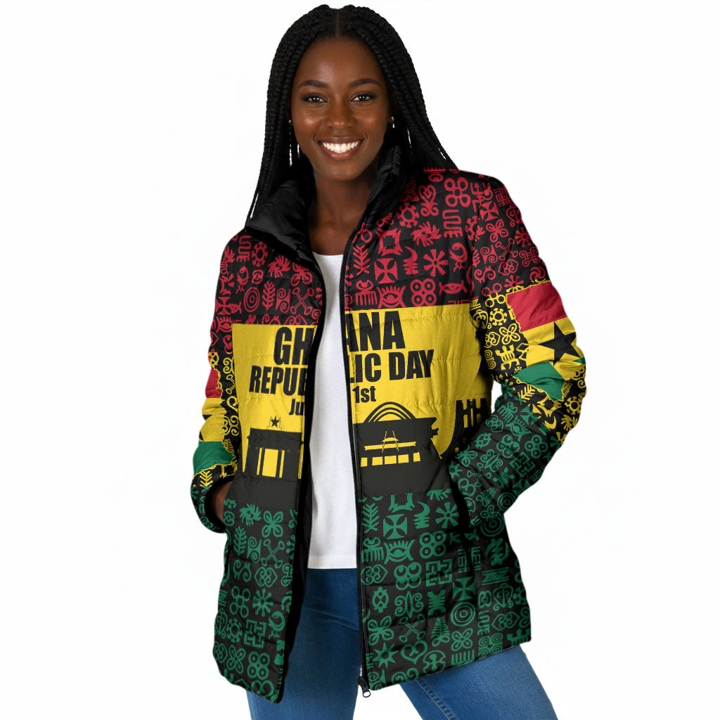 Personalized Ghana Republic Day Padded Jacket Adinkra Pattern Heritage Silhouette African Culture Art