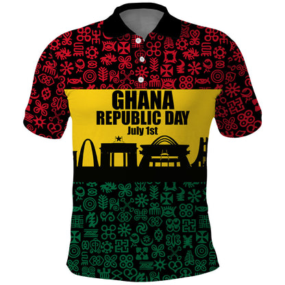 Personalized Ghana Republic Day Polo Shirt Adinkra Pattern Heritage Silhouette African Culture Art