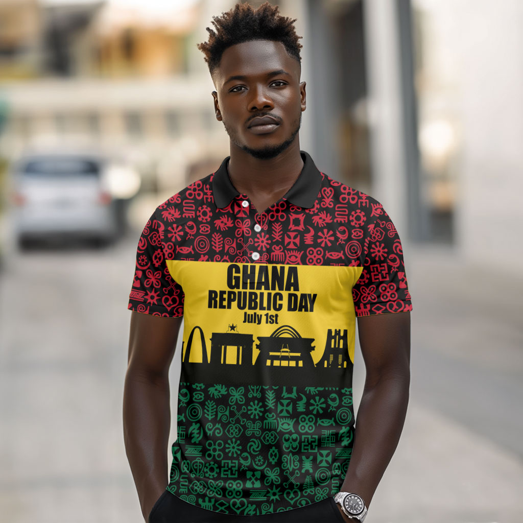 Personalized Ghana Republic Day Polo Shirt Adinkra Pattern Heritage Silhouette African Culture Art