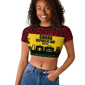 Personalized Ghana Republic Day Raglan Cropped T shirt Adinkra Pattern Heritage Silhouette African Culture Art