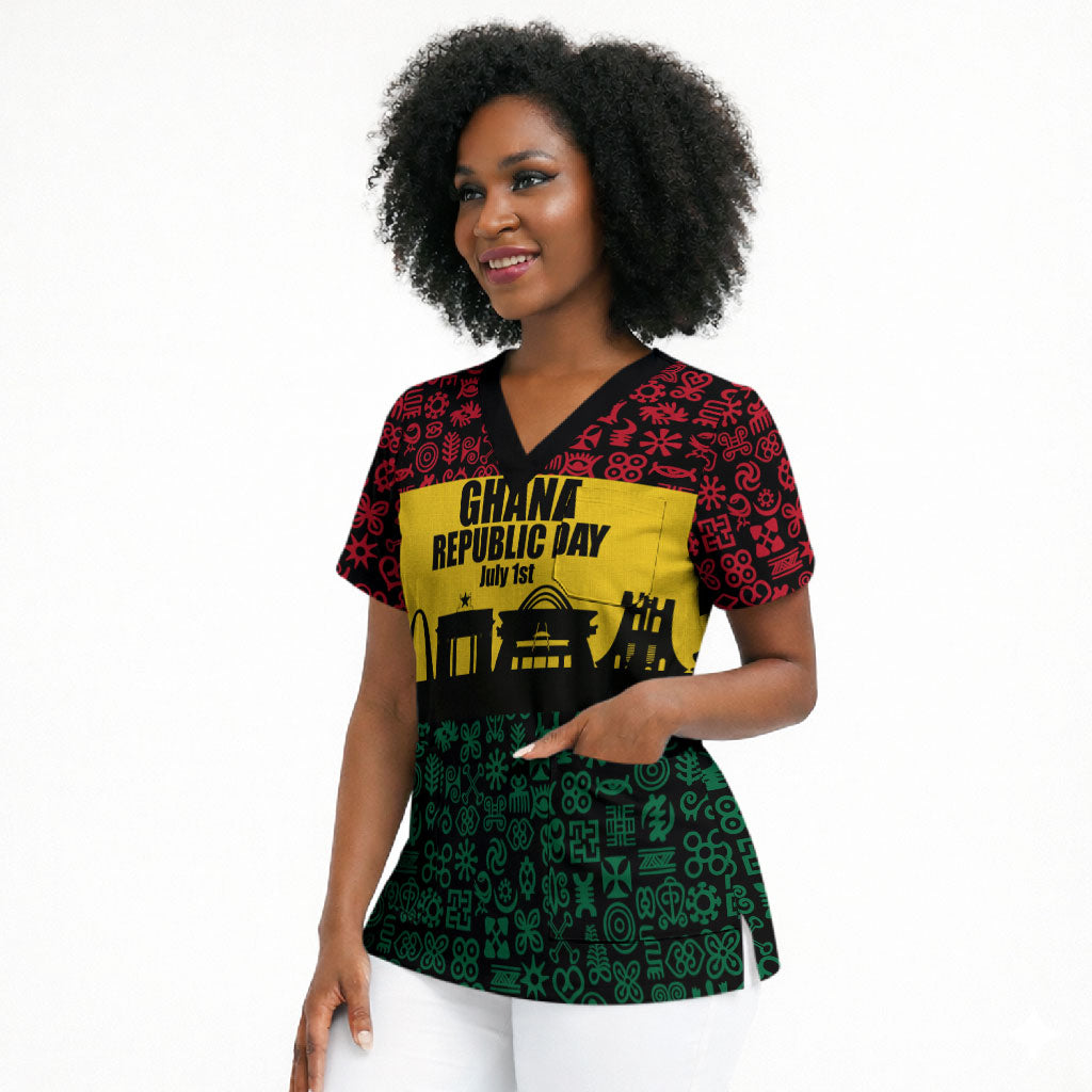 Personalized Ghana Republic Day Scrub Top Adinkra Pattern Heritage Silhouette African Culture Art