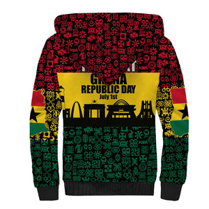 Personalized Ghana Republic Day Sherpa Hoodie Adinkra Pattern Heritage Silhouette African Culture Art