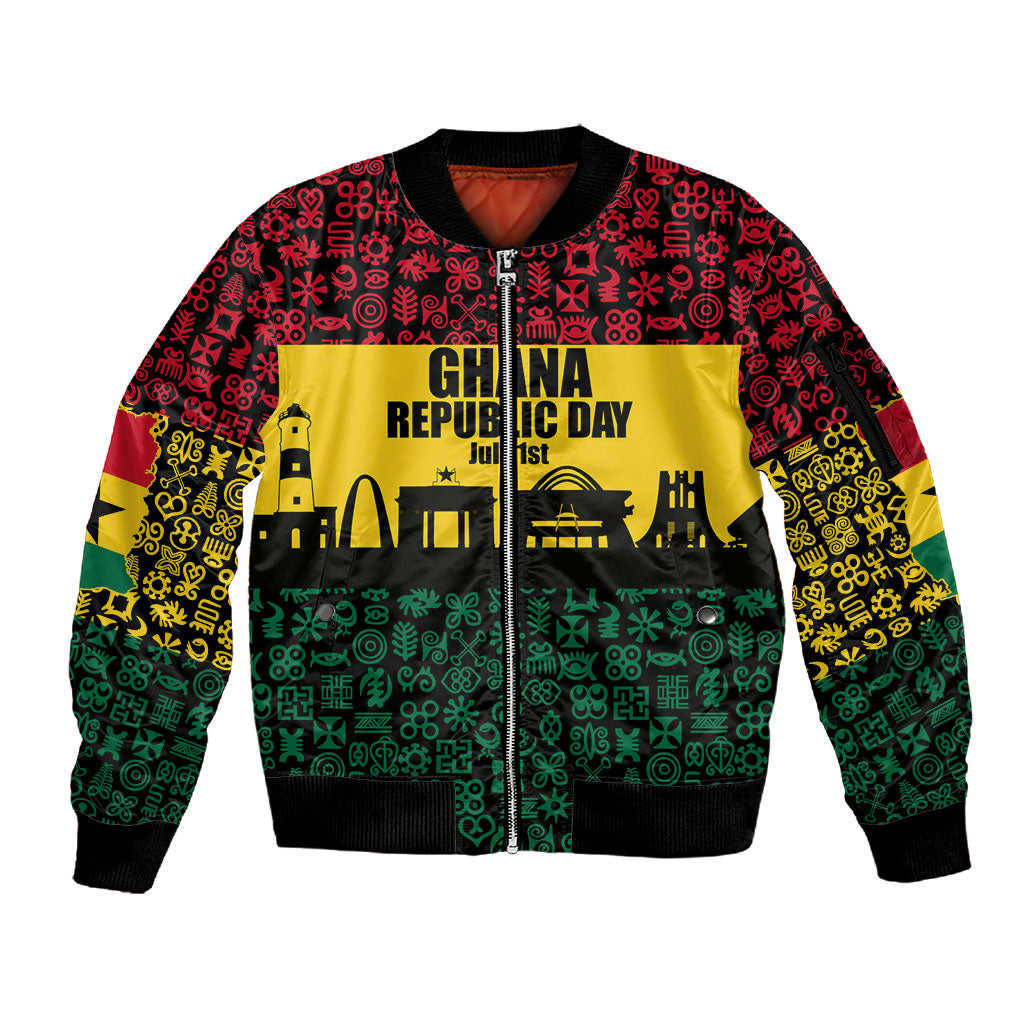 Personalized Ghana Republic Day Sleeve Zip Bomber Jacket Adinkra Pattern Heritage Silhouette African Culture Art